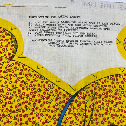 1960s Honey Bunny Yellow Calico Toy Doll Pillow Cut Sew Stuff Fabric Panel TH6