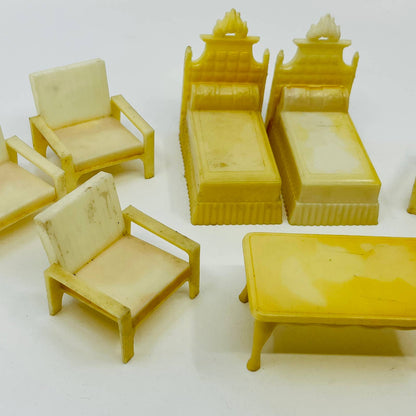 1950s MCM Dollhouse Furniture Celluloid Set Beds Chairs Table Couch Sofa 8pc TD9