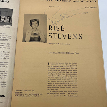 1962 Bravo Music Magazine Signed Risë Stevens Program Centerfold & Photo TH7