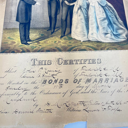 1883 Currier & Ives Tinted Engraving Marriage Certificate Frederick MD FL1