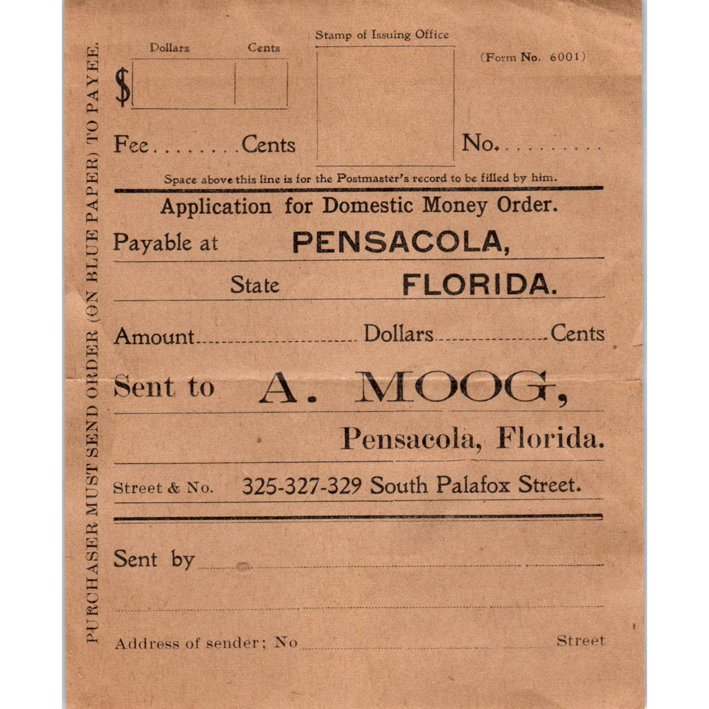 c1900 Alfred Moog Wholesale Liquor Order Form Blank Pensacola FL AD6