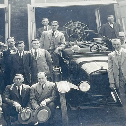 c1920 Photograph LBFD Fire Department Men Posing w/ Fire Trucks 8x10 C13