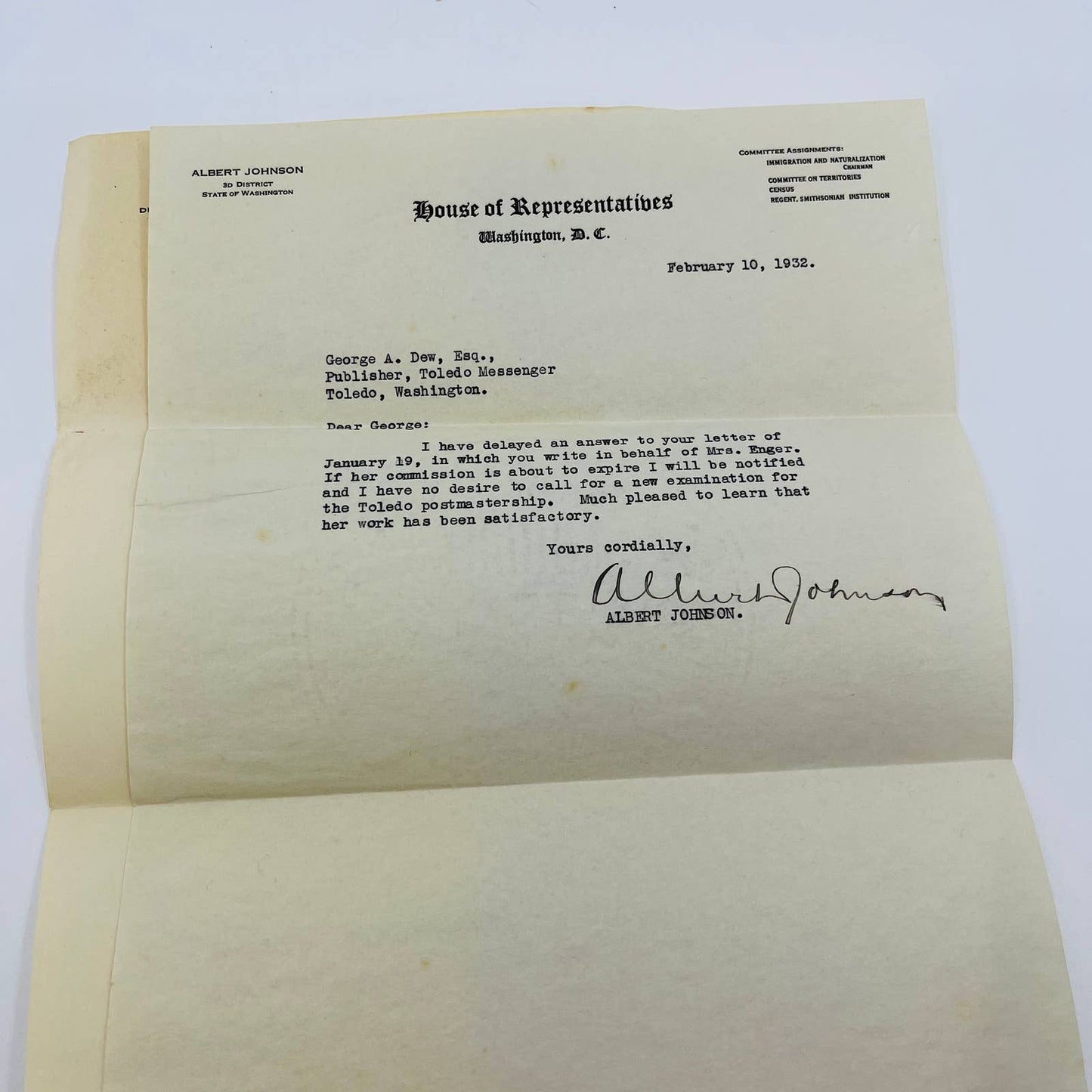 1932 House of Representatives Letter from WA Congressman Albert Johnson SC2