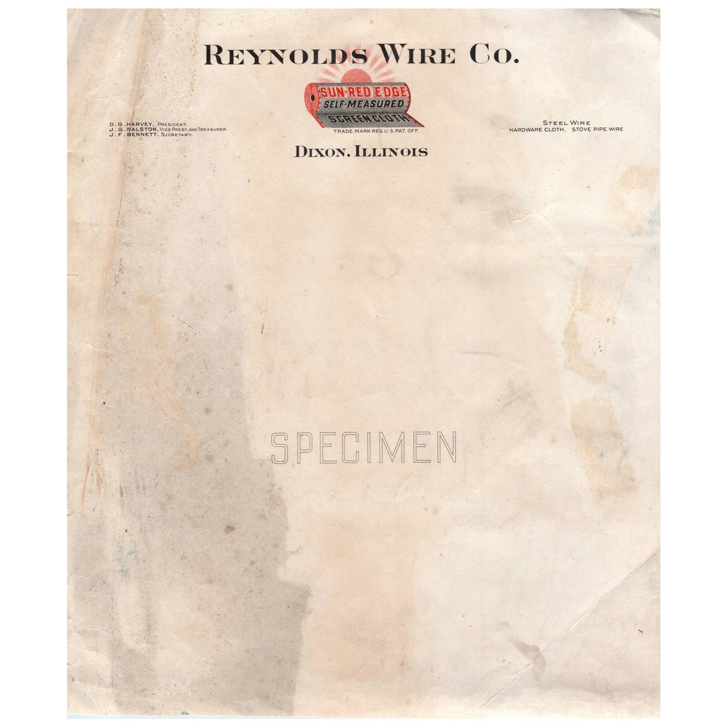 Antique Reynolds Wire Co. Letterhead Dixon IL D.G. Harvey J.G. Ralston AD8