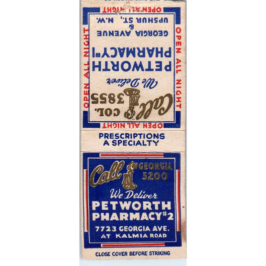 Petworth Pharmacy Georgia Ave & Upshur St Washington DC Matchbook Cover SA1-M2