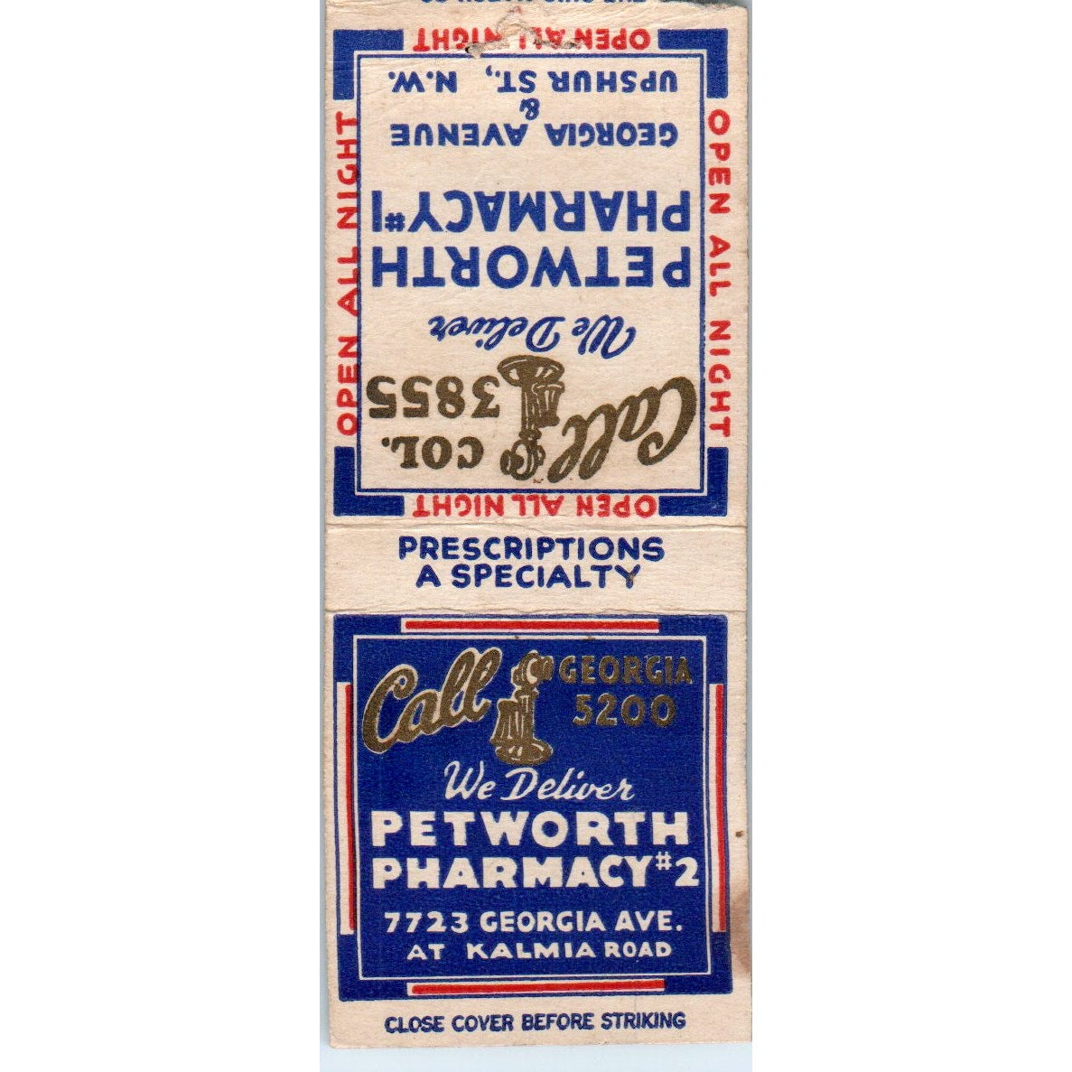 Petworth Pharmacy Georgia Ave & Upshur St Washington DC Matchbook Cover MM9-10