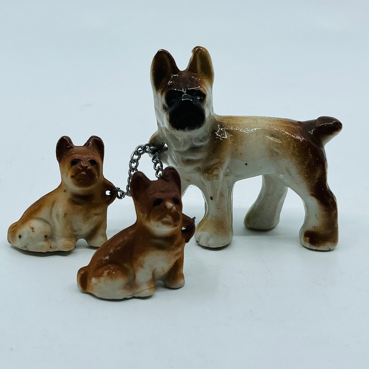 Vintage Brown Boxer Dog With 2 Puppies on Chain Hand Painted Porcelain 2.5” SB2