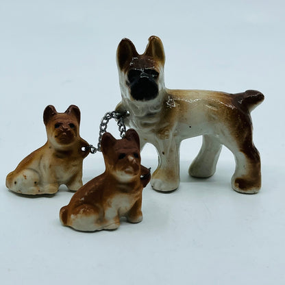 Vintage Brown Boxer Dog With 2 Puppies on Chain Hand Painted Porcelain 2.5” SB2