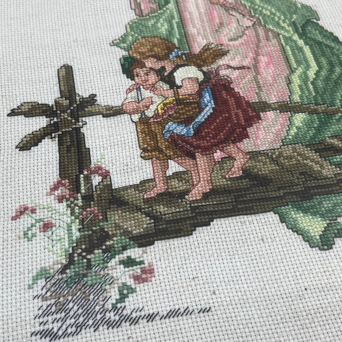 Guardian Angel Cross Stitch Art in Wooden Frame Handmade Finished Wall Decor TG3