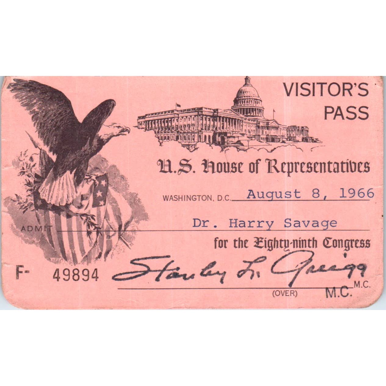 House of Representatives Visitor Pass 1966 Stanley L. Greigg TK1-P6