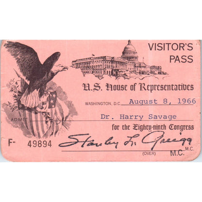 House of Representatives Visitor Pass 1966 Stanley L. Greigg TK1-P6