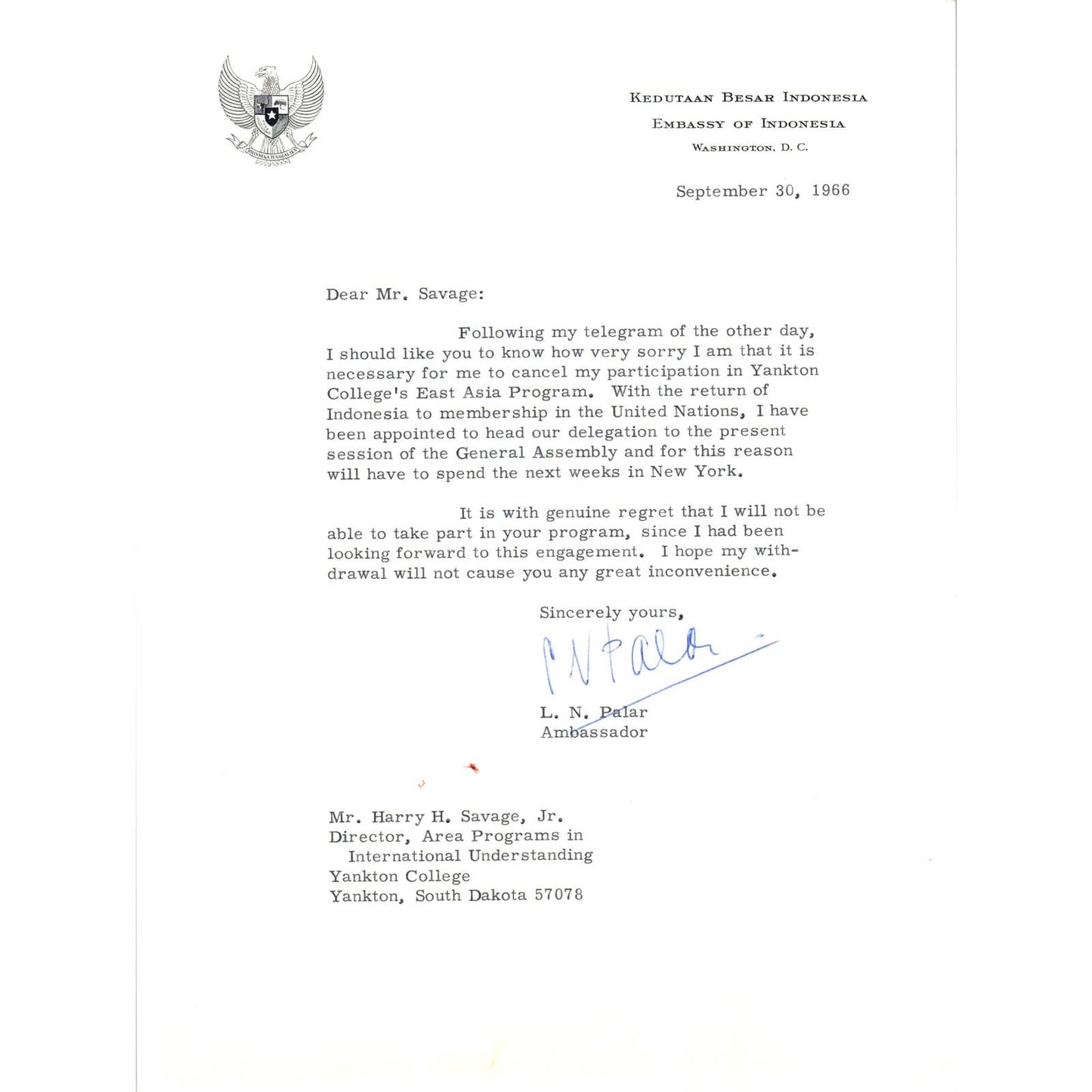 Embassy of Indonesia Official Letterhead Memo L.N. Palar 9/30/66 TK1-P10