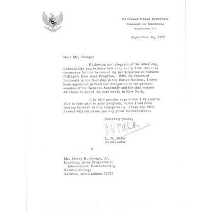 Embassy of Indonesia Official Letterhead Memo L.N. Palar 9/30/66 TK1-P10