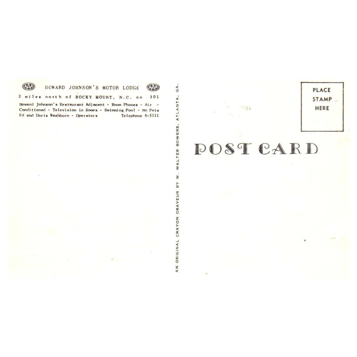 Howard Johnson's Motor Lodge Fred & Doris Washburn Rocky Mount - Postcard TJ8-2