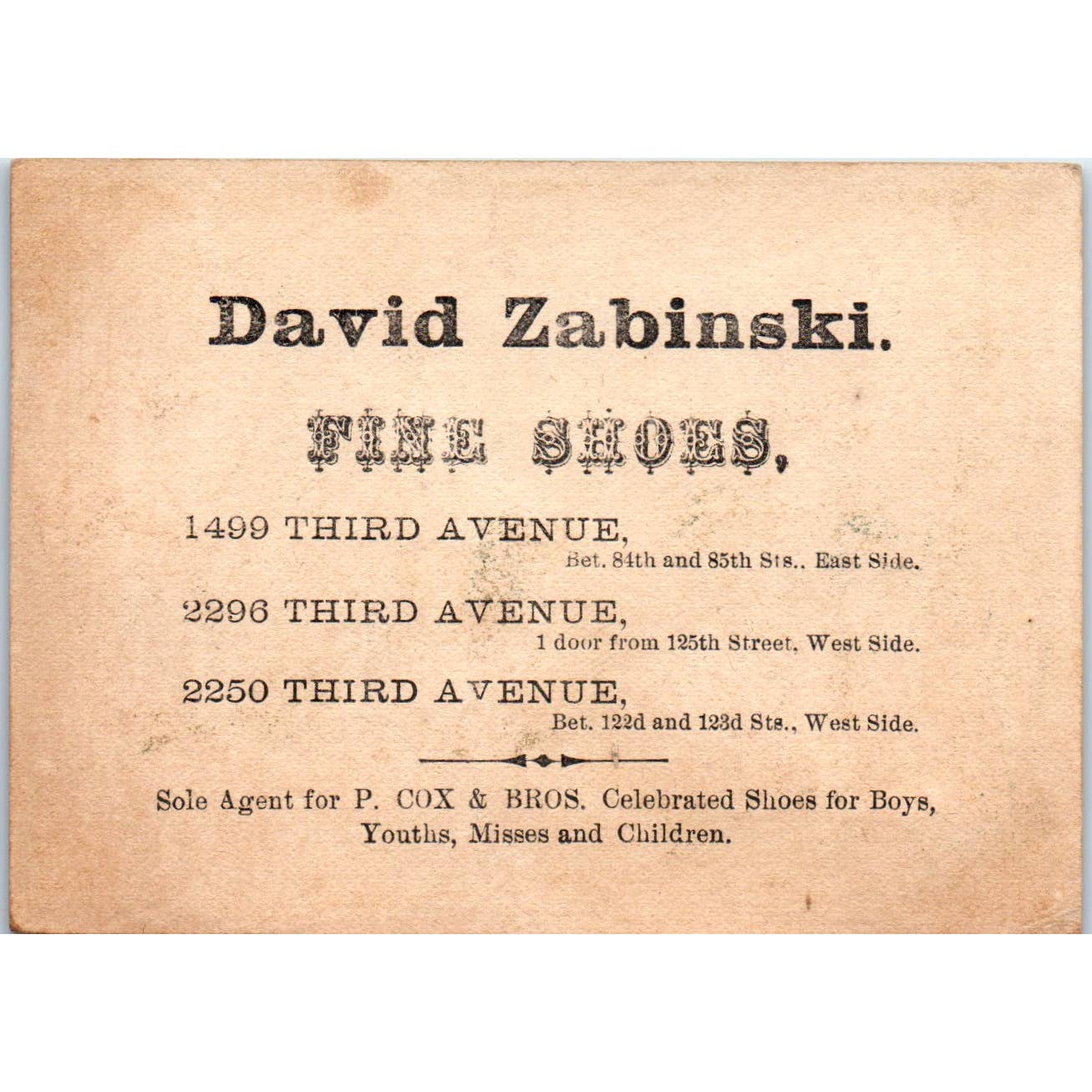 1880s Victorian Trade Card P. Cox & Bros Shoes David Zabinski SE8