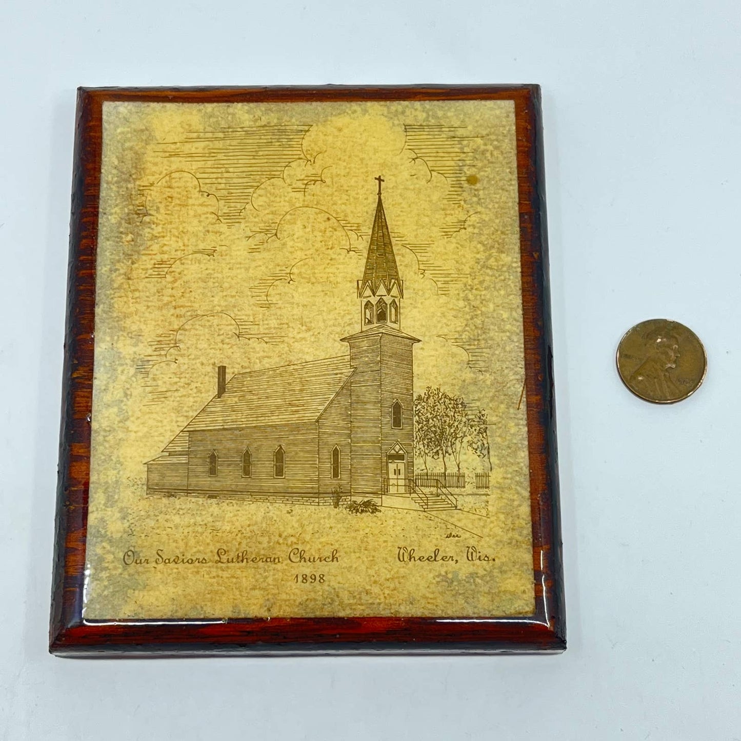 Vintage Decoupage Sketch 1898 Our Saviors Lutheran Church Wheeler Wisconsin TE6