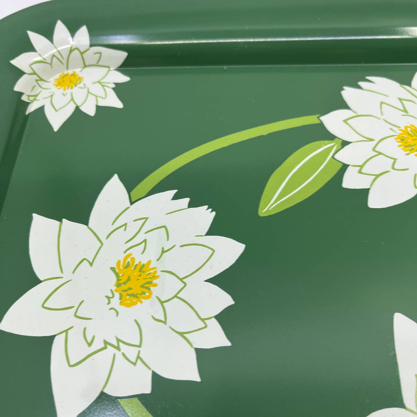 Vintage Toleware Metal Tray Water Lillies White Lotus Flowers 17.5x13" Set Of 2