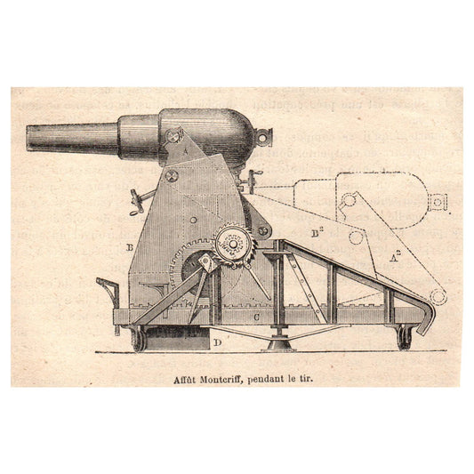 1888 French ARTILLERY Engraving Plate War Machine Moncrieff Cannon Warfare Weapons 3.5x5" AD1