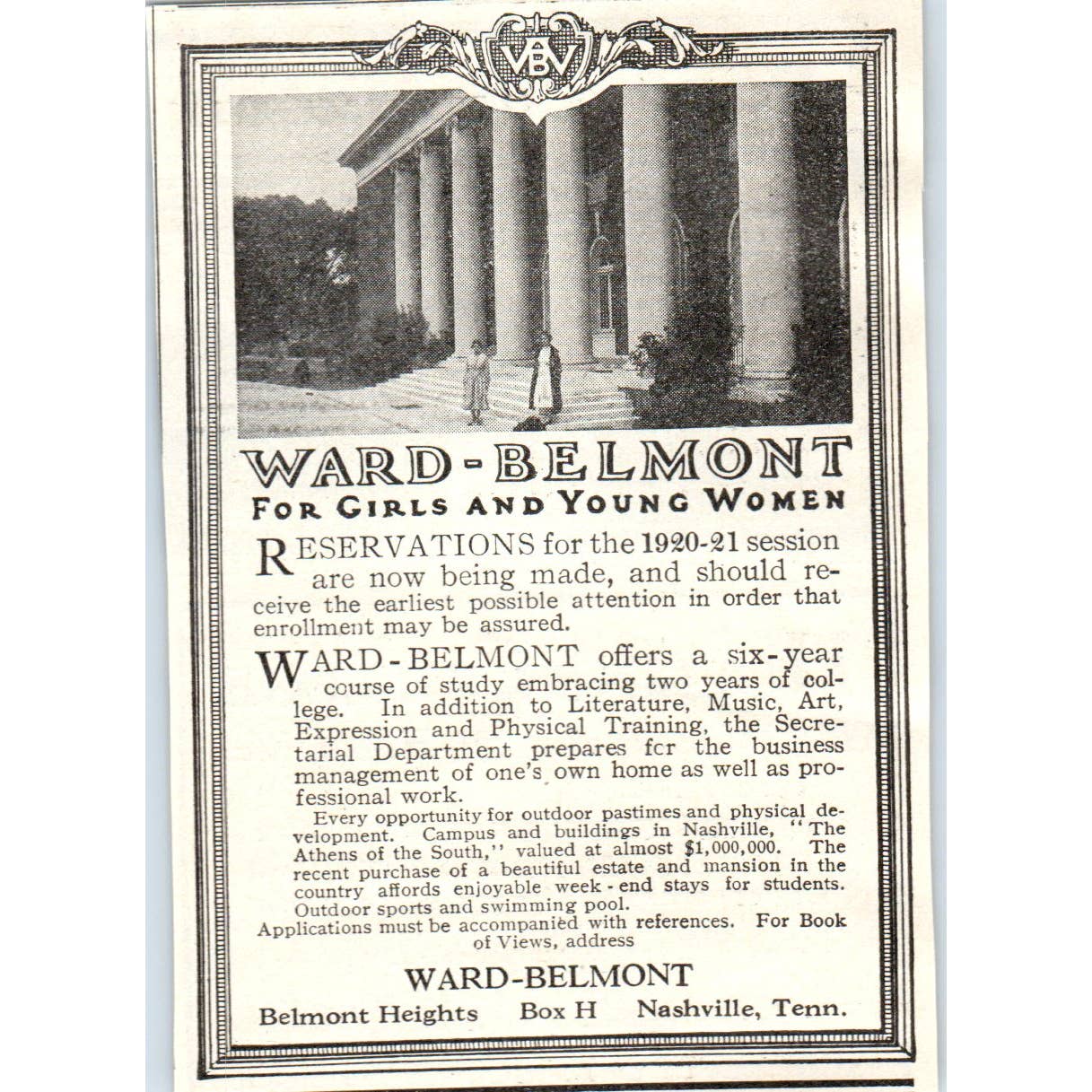 c1920 Harper's Ad - Ward-Belmont Girls School Belmont Heights Nashville TN EA3-4