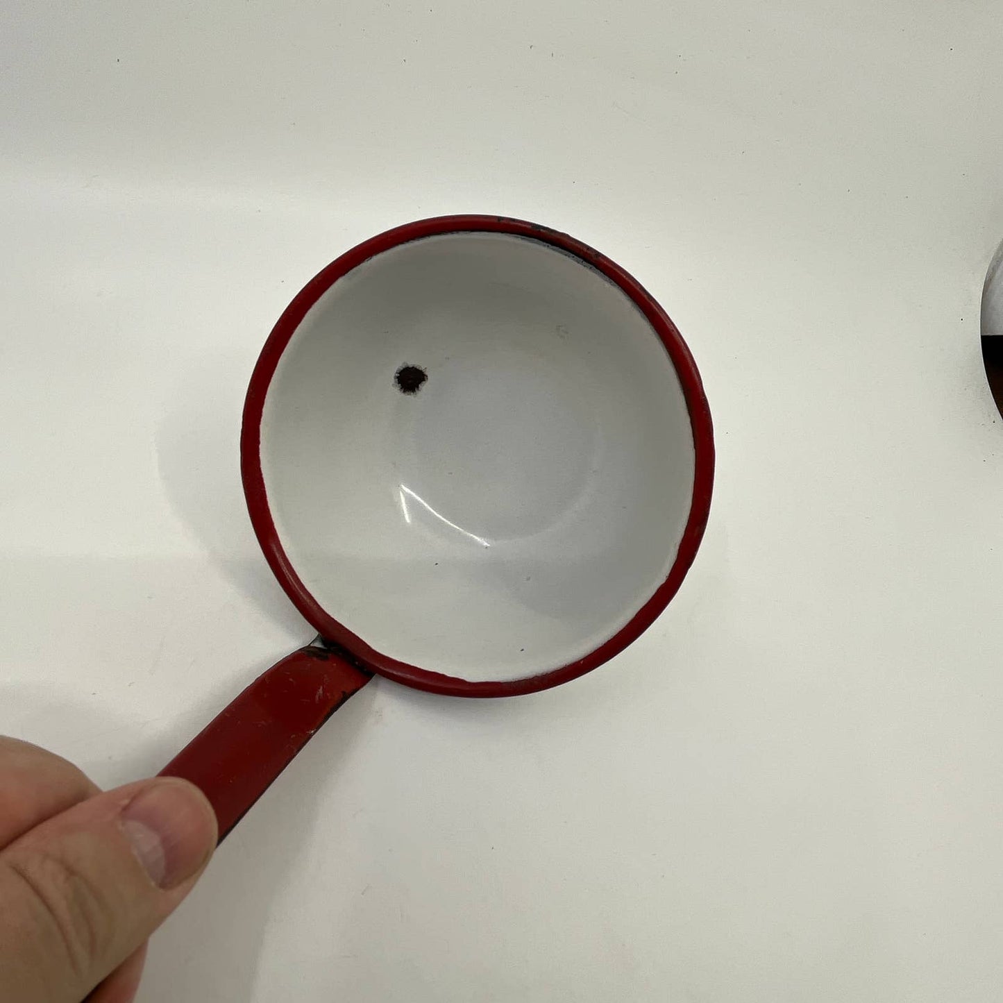 Vintage Enamelware Dipper Ladle White with Red Trim ~12” TH2