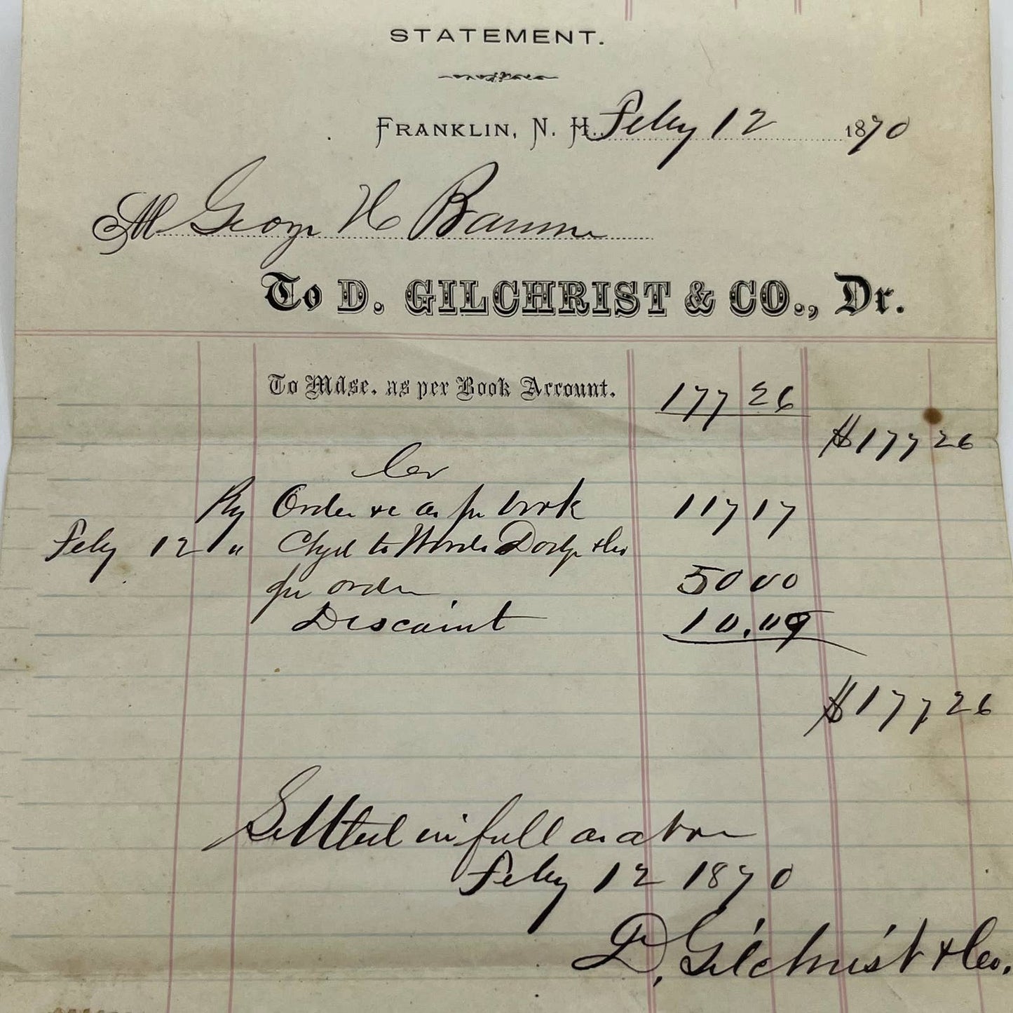 1870 Billhead Receipt D. Gilchrist & Co Dr.,  Franklin NH AA6