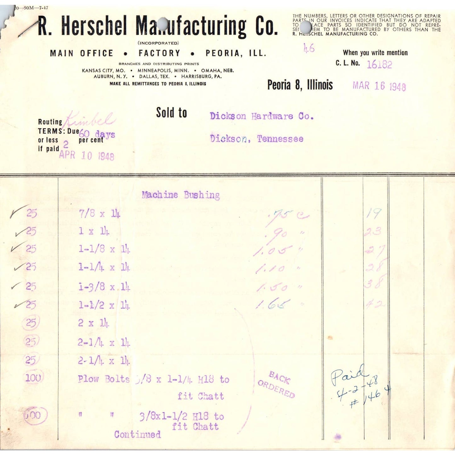 1948 R. Herschel Manufacturing Co Billhead Set of 8 Pieces Peoria Illinois AD5-2