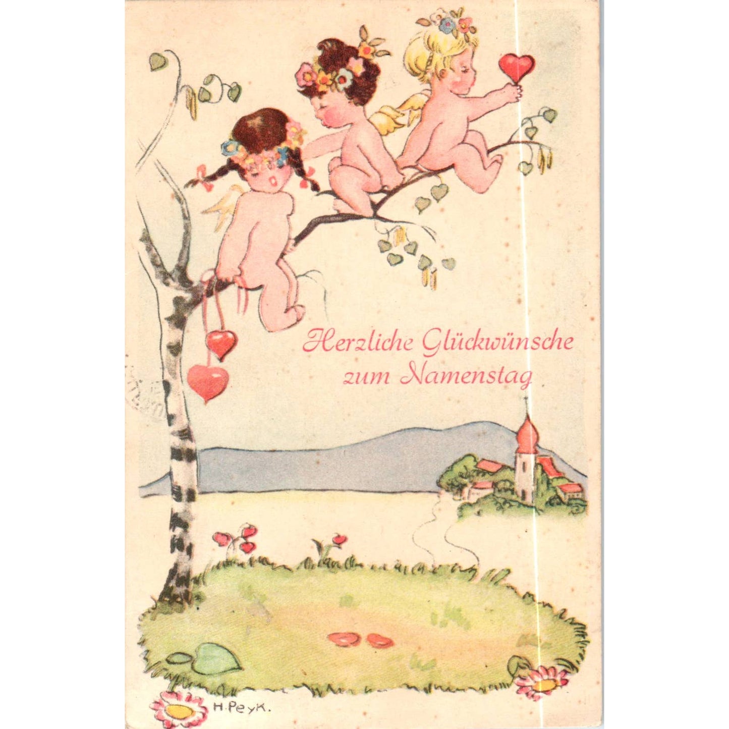 German Birthday Greeting Babies Cherubs in Tree Original Postcard TK1-P18