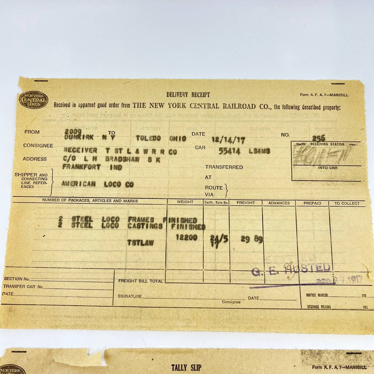 1917 The New York Central Lines Railroad RR Tally Slip Receipt Lot of 2 AB1