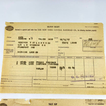 1917 The New York Central Lines Railroad RR Tally Slip Receipt Lot of 2 AB1
