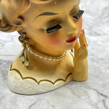 Vintage Rubens #488 Lady Head Vase Brown Hair Pearl Necklace and Earrings TJ2