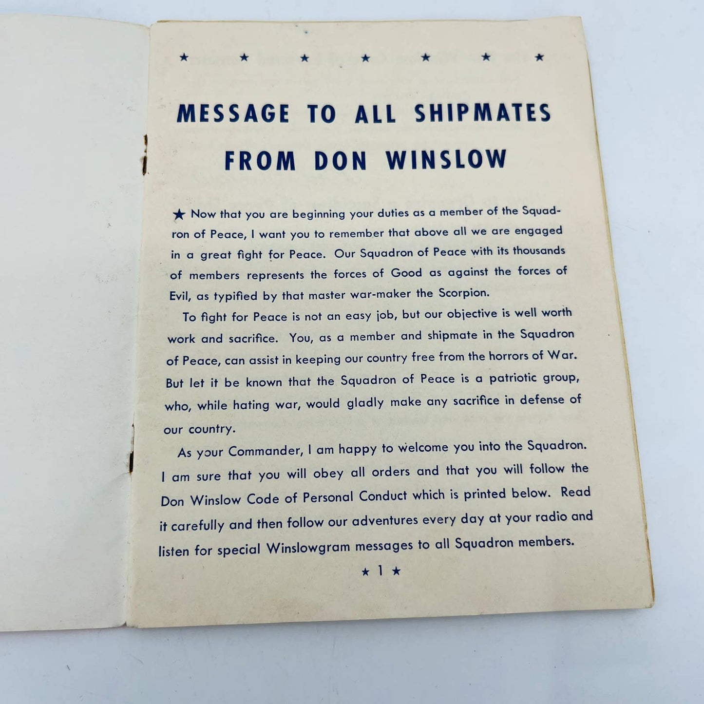 1939 Don Winslow NAVY SQUADRON OF PEACE Manual With Creed Insert C5