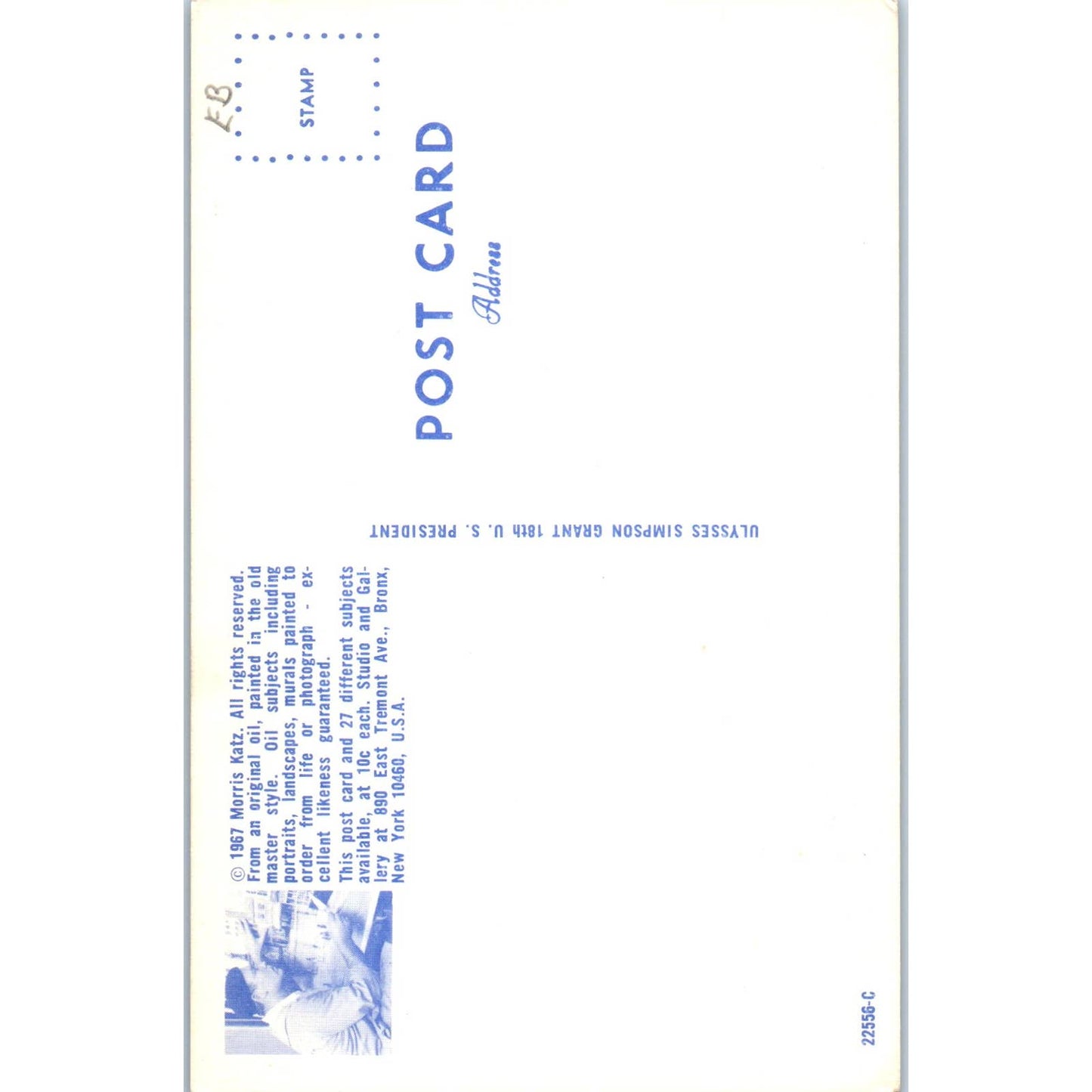 Ulysses S. Grant Portrait Morris Katz 1967 Original Postcard TK1-22