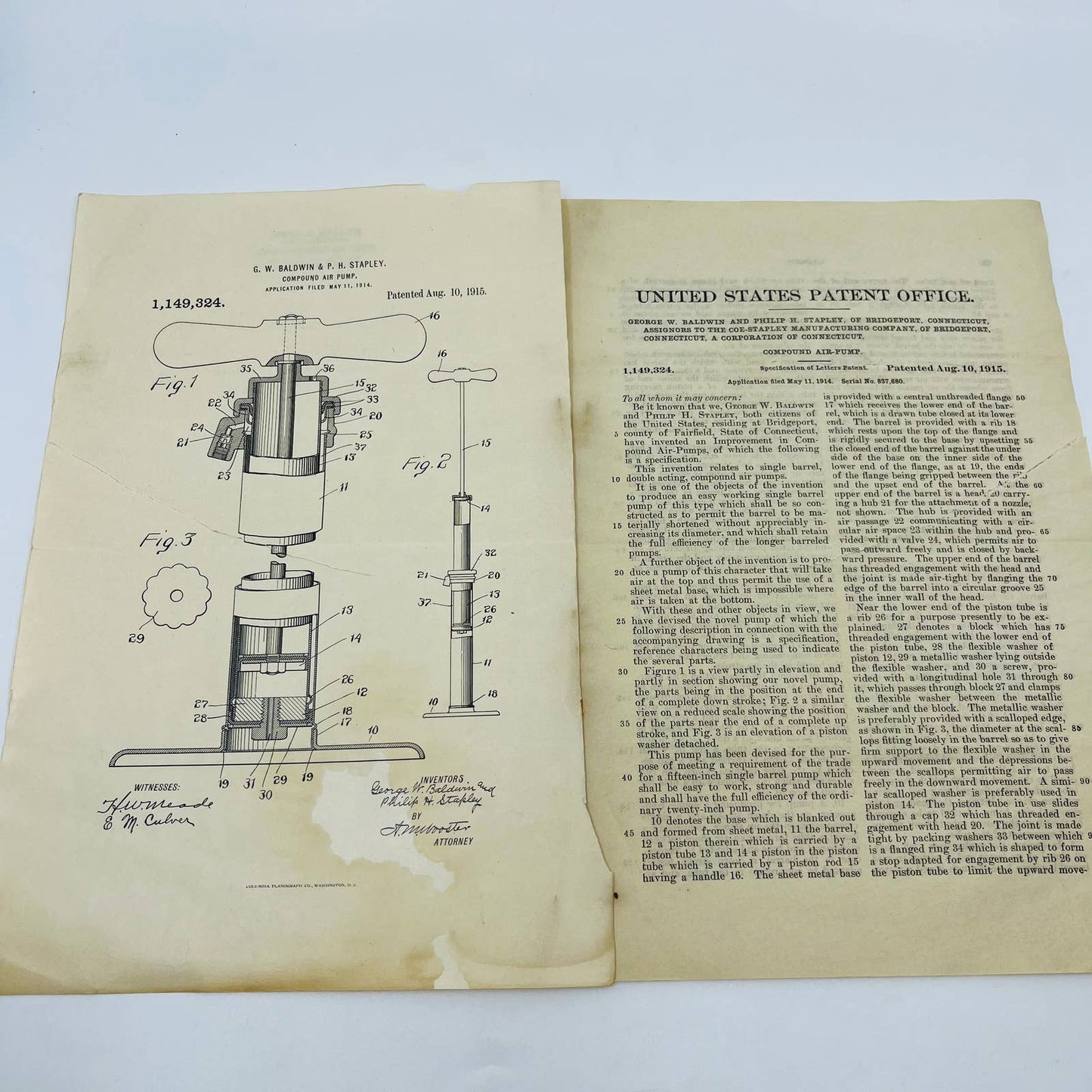 1915 US Patent Compound Air Pump Baldwin & Stapley Diagram and Document D1