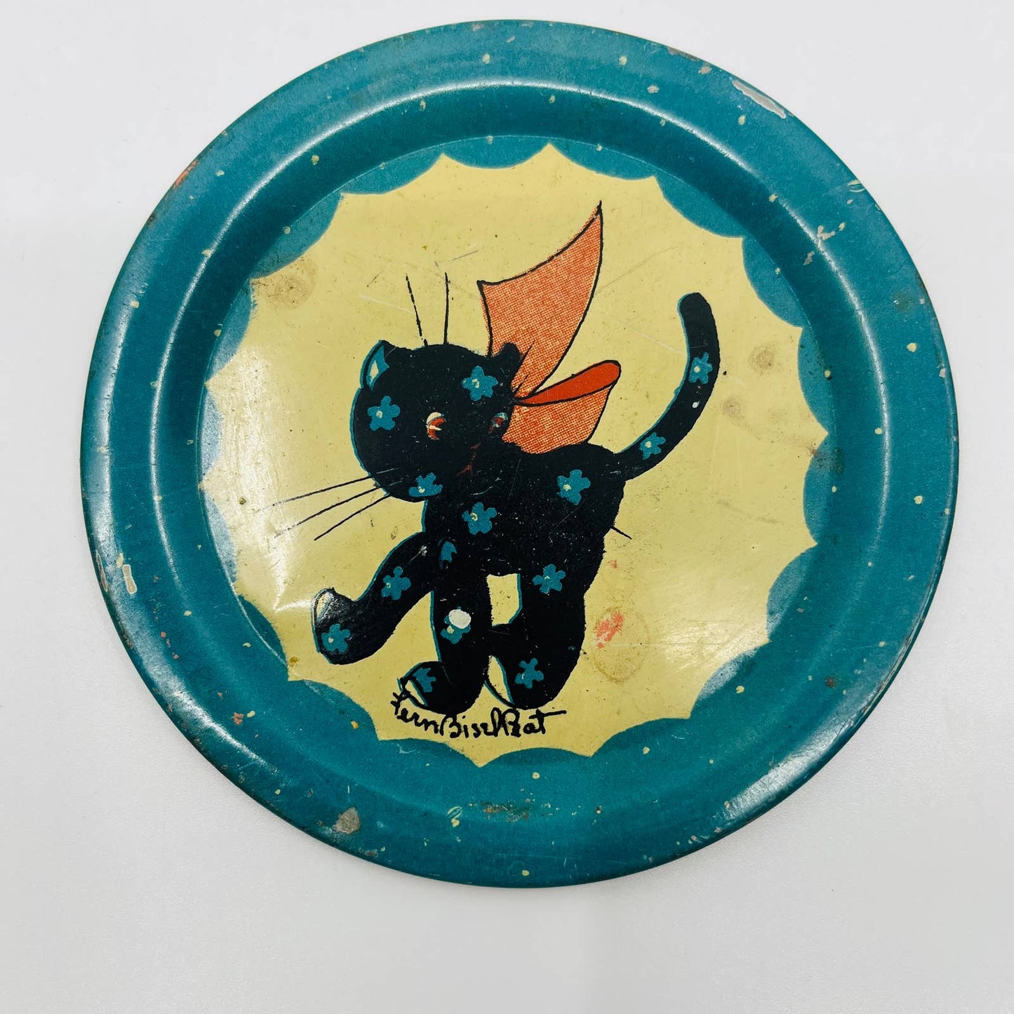 1930s Tin Litho Fern Bissel Peat Calico Cat Child's Tea Set Saucer Plate SB4