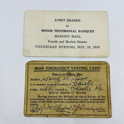 1919 WWI Loyal Order of Moose War Emergency Visiting Card & Banquet Ticket D4