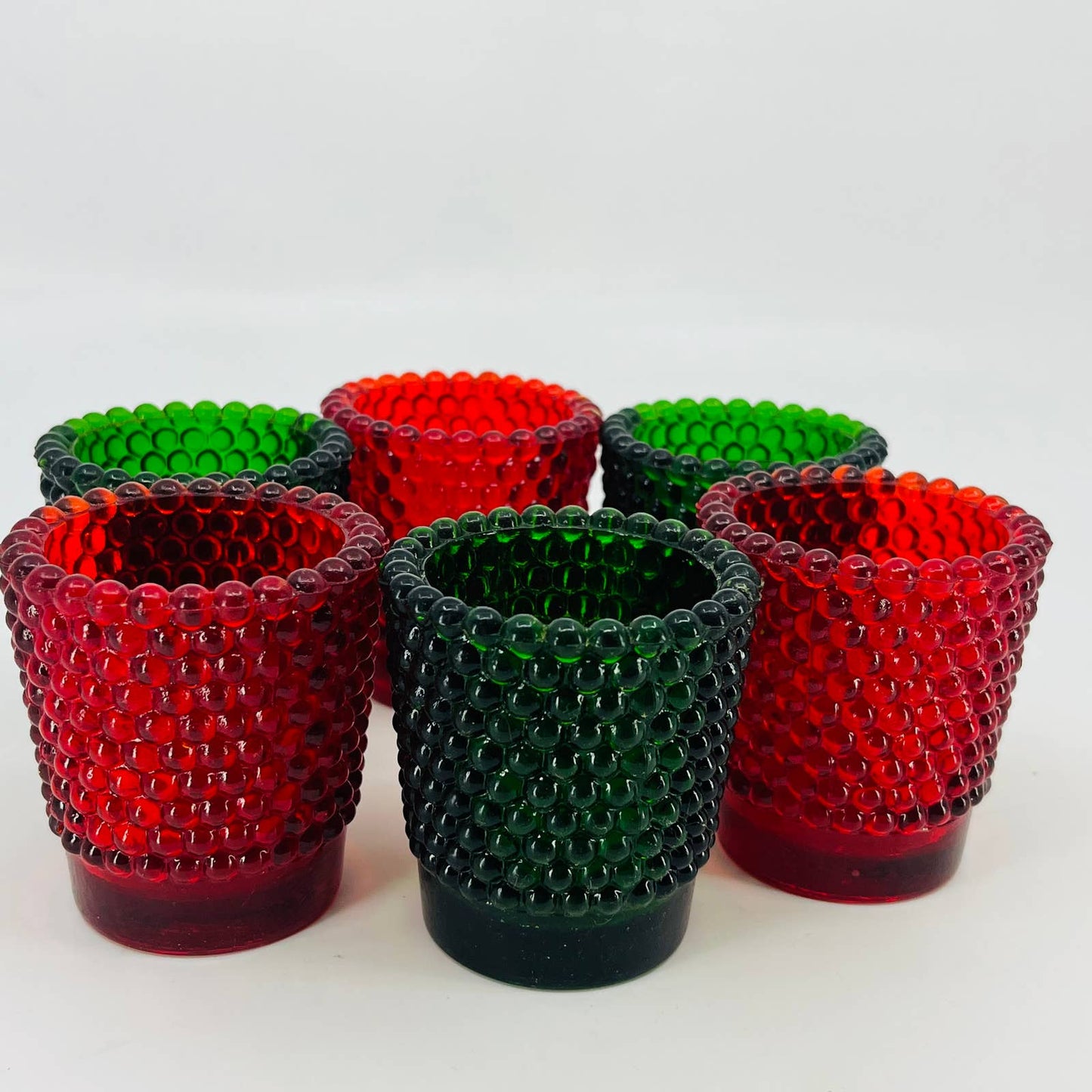 SET OF 6 Red & Green Christmas Holiday Hobnail Glass Votive Candle Holder TD3-2