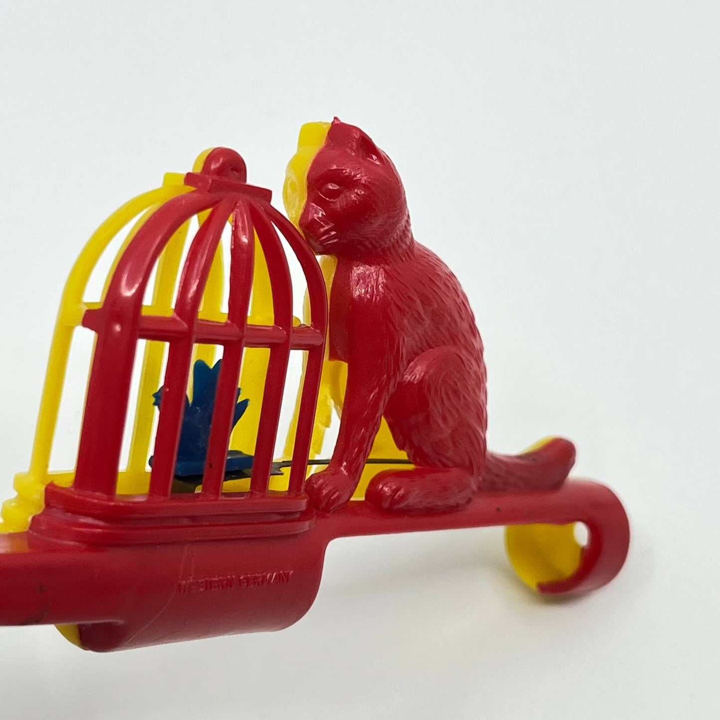 Vintage Yellow and Red Plastic Cat &  Bird Cage Slide Whistle West Germany TE1