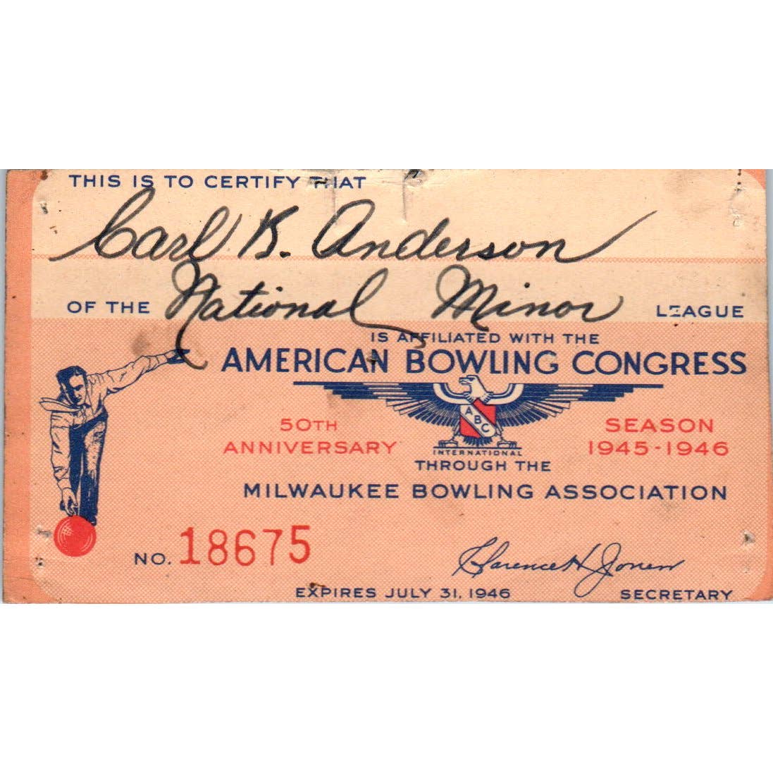 1945 American Bowling Congress Milwaukee Membership National Minor League SE5-29