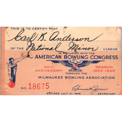 1945 American Bowling Congress Milwaukee Membership National Minor League SE5-29