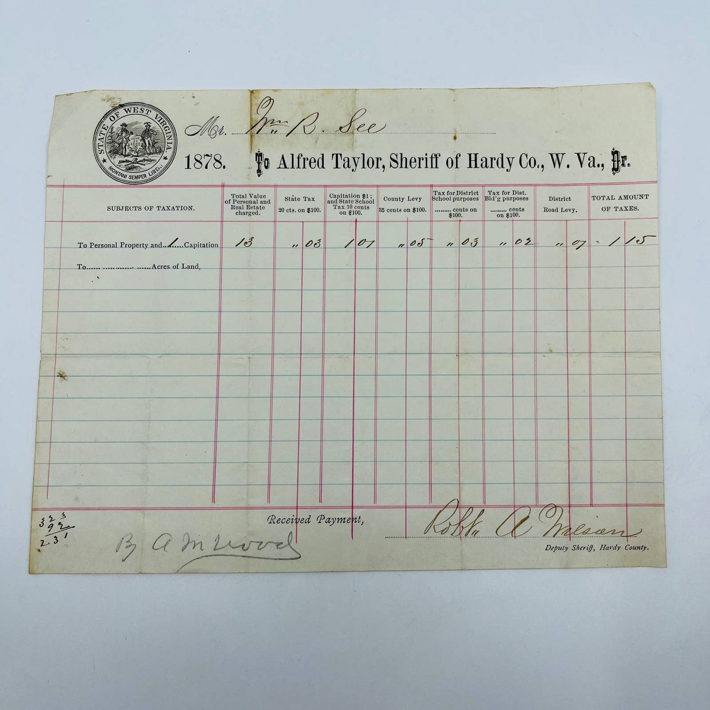 1878 Alfred Taylor Sheriff Hardy Co West Virginia Billhead Letterhead AA4