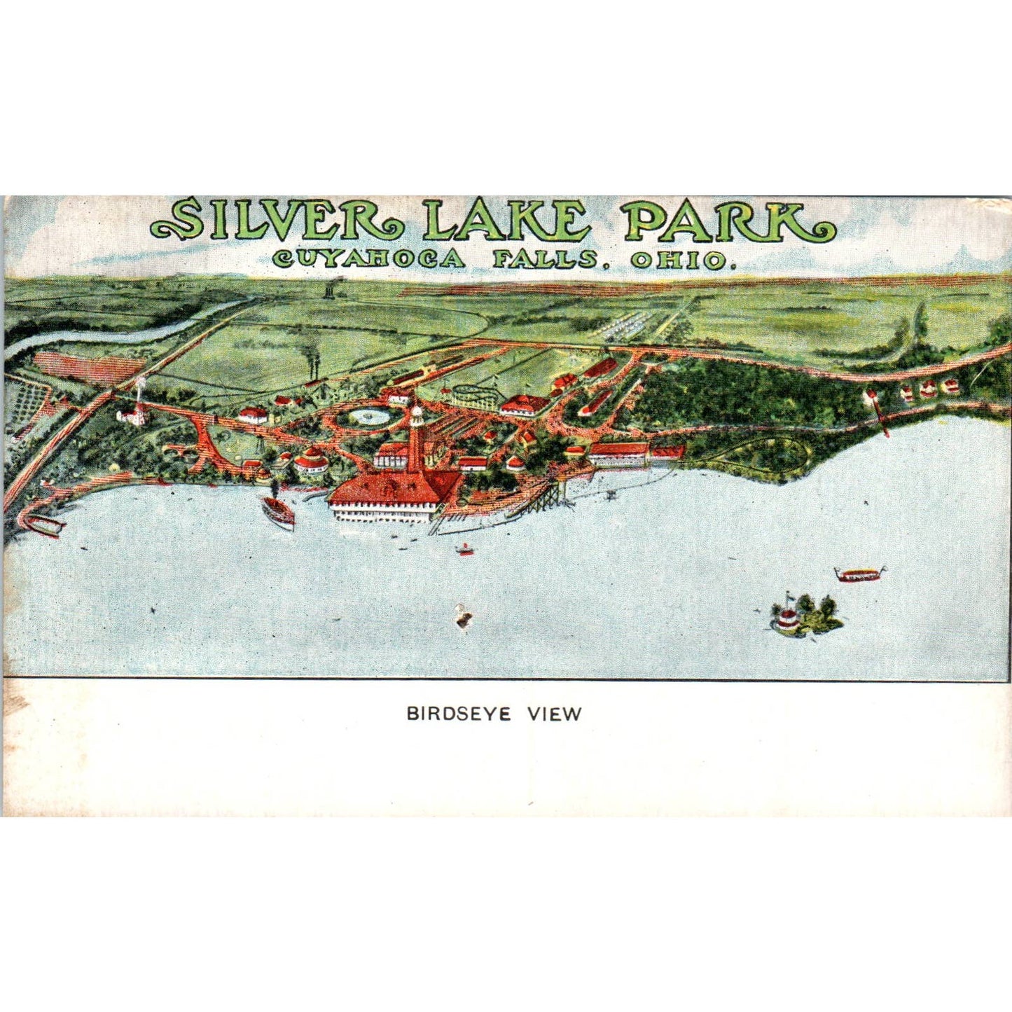 Antique Postcard Silver Lake Park Cuyahoga Falls Birds Eye View Ohio TD9