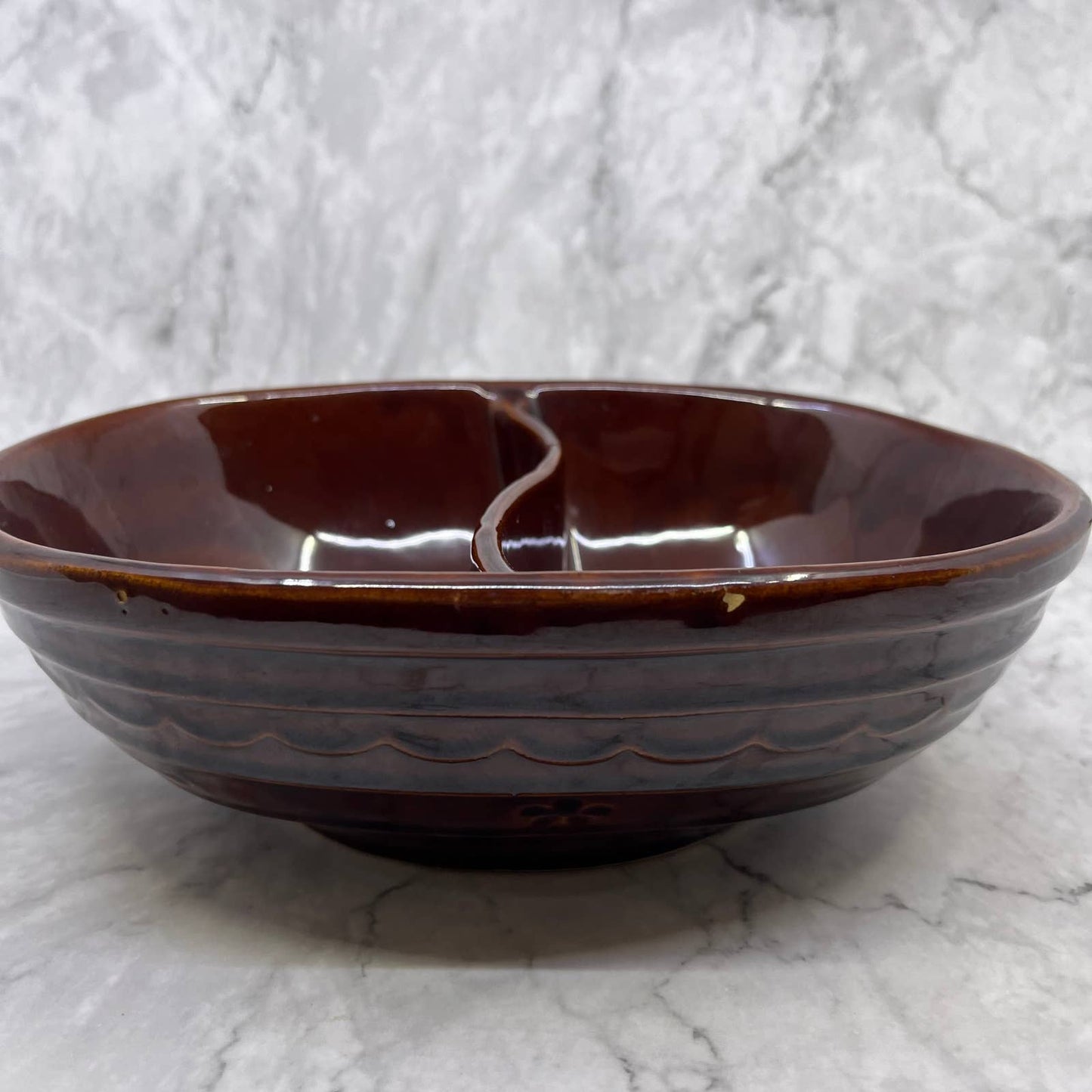 MarCrest Ovenproof Stoneware Divided Pottery Brown Glaze Bowl 10” USA TE3