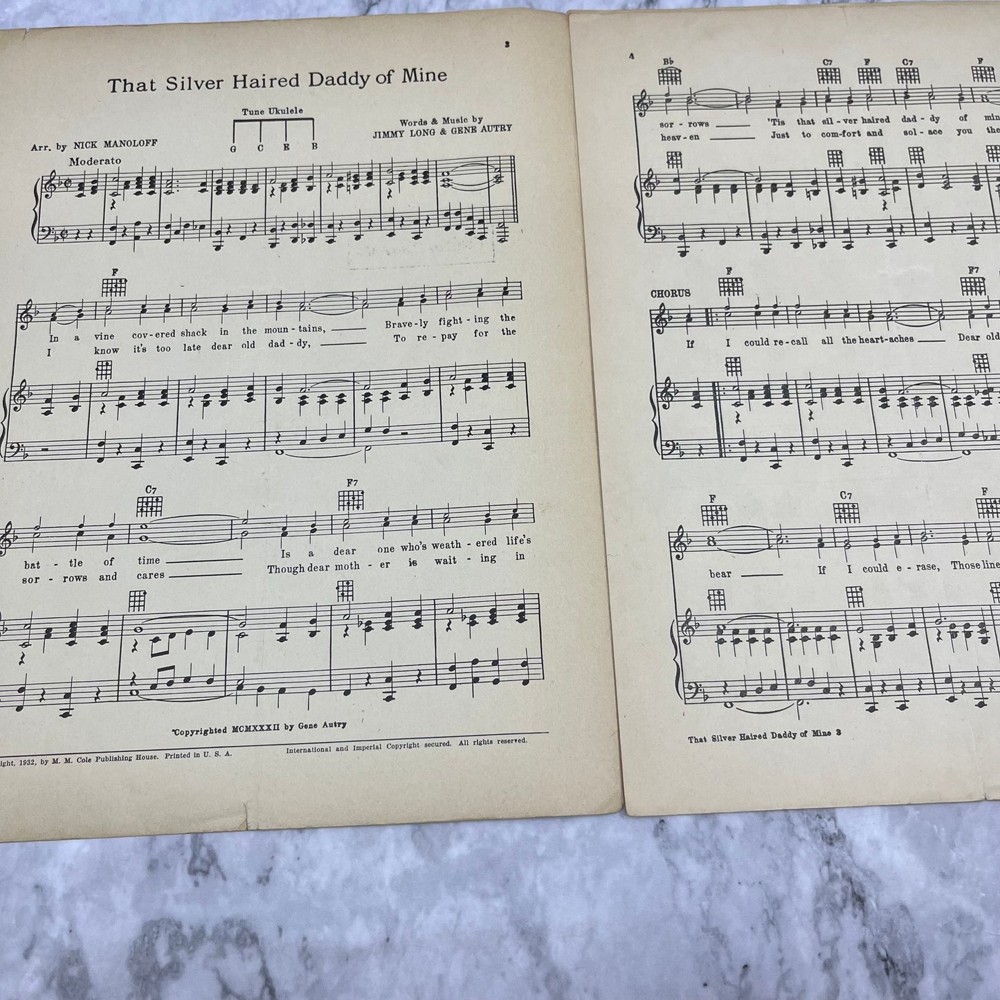 That Silvered-Haired Daddy Of Mine Long Autry GUITAR CHORDS Sheet Music 1932 V41-1