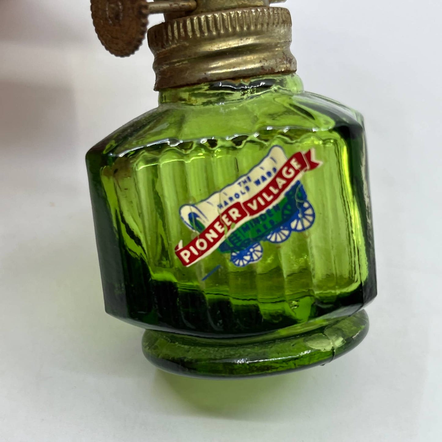 Vtg Mini Green Fluted Glass Kerosene Oil Lamp 4.5" Pioneer Village Minden NE TC7