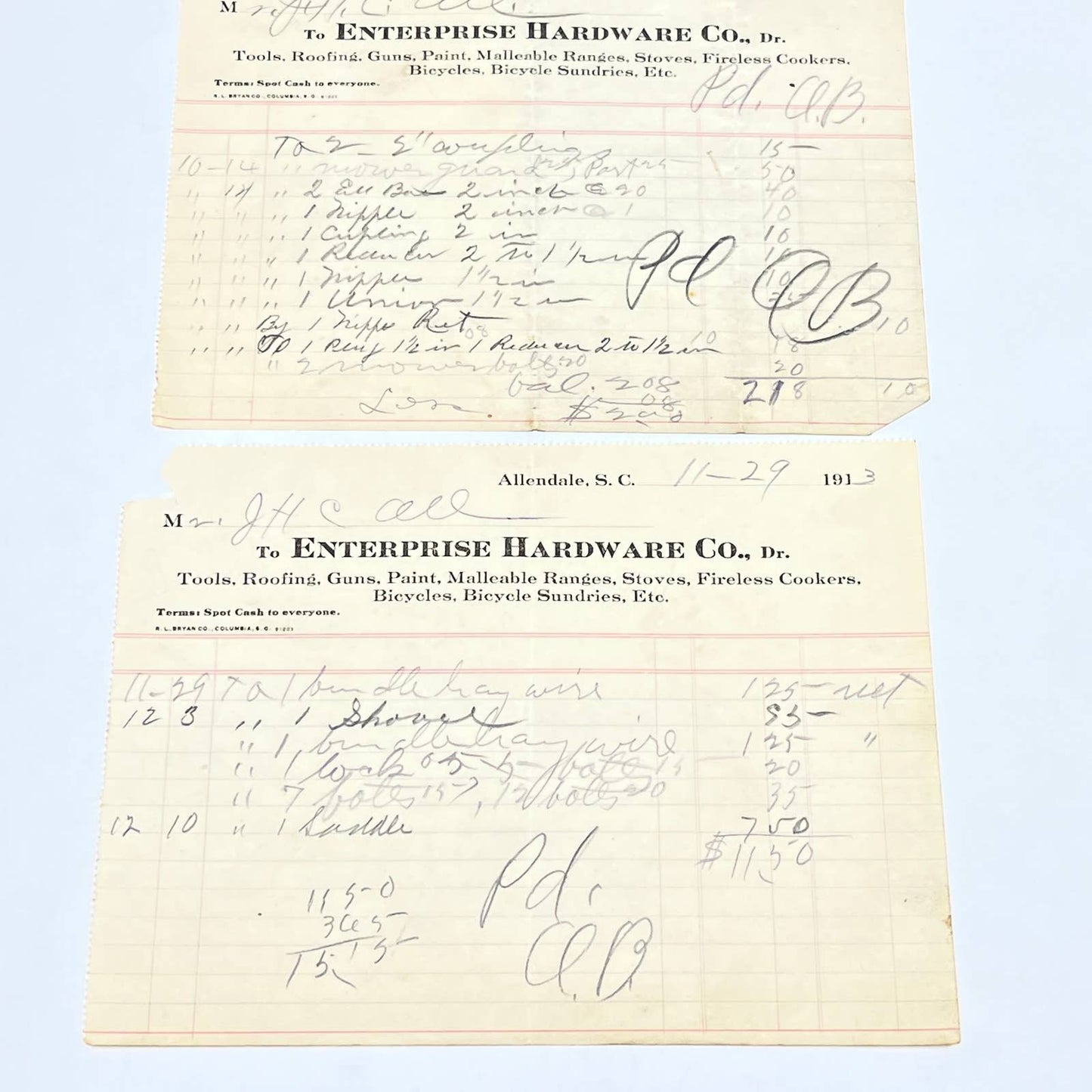 1913 Enterprise Hardware Co Letterhead Receipt Allendale SC Set of 2 AC3-1