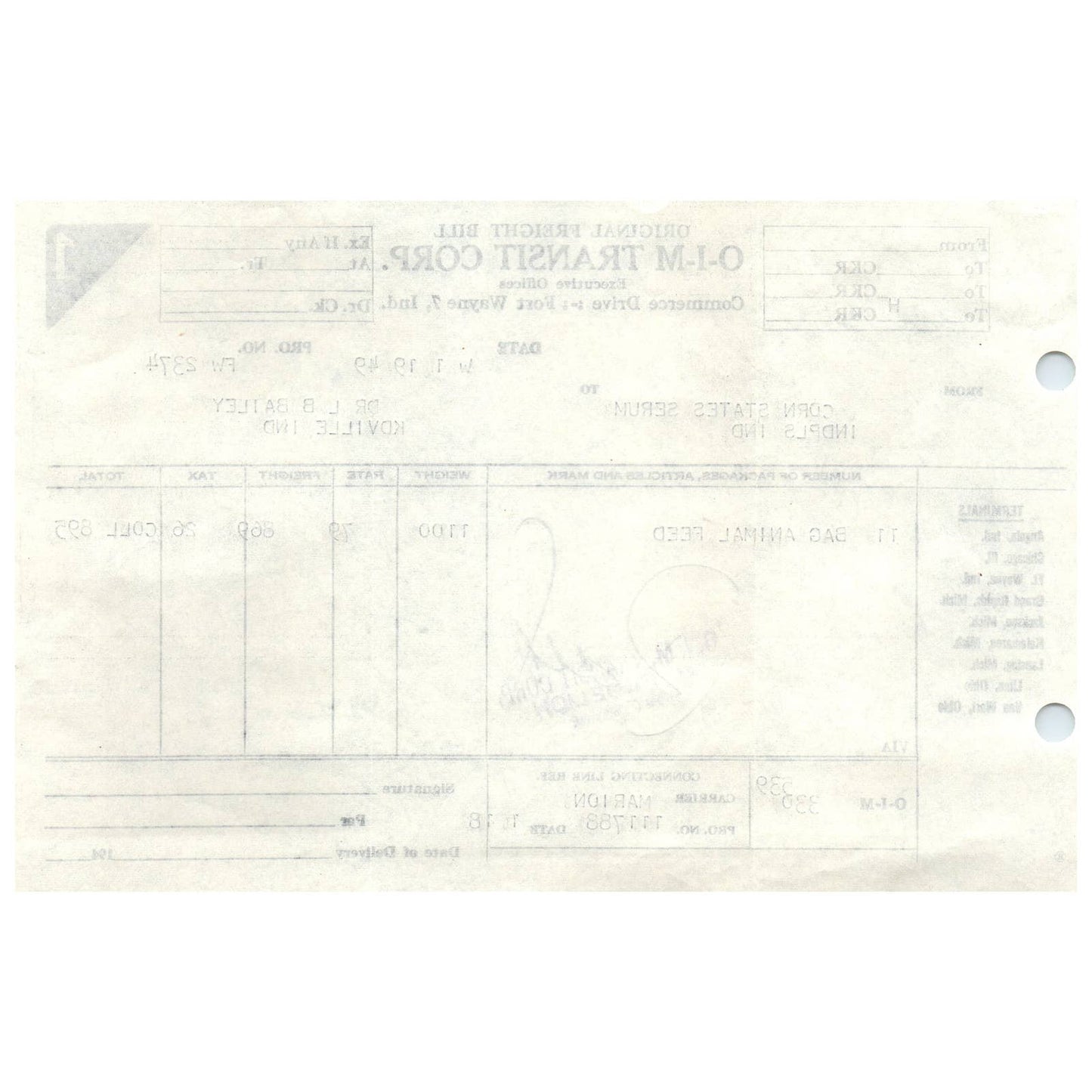 1949 O-I-M Transit Corp Transport Bill to Dr. L.B. Bailey Kendallville IN AD8-1