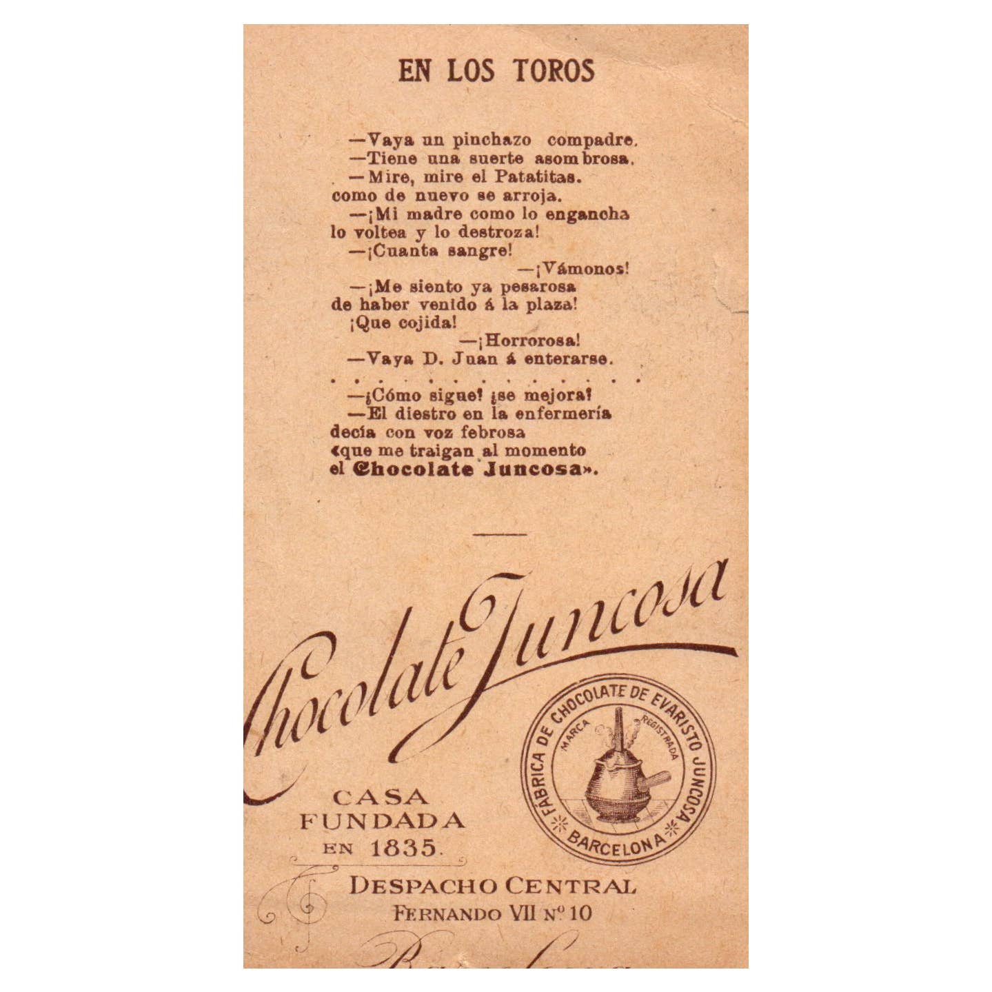 En Los Toros Chocolate Juncosa Barcelona - 1880s Victorian Trade Card TJ8-3-2