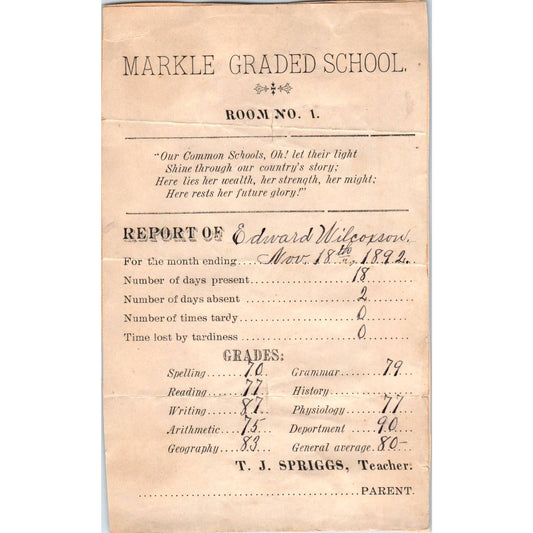 1892 Markle IN School Report Card Teacher T.J. Sprigs to Edward Wilcoxson SF2