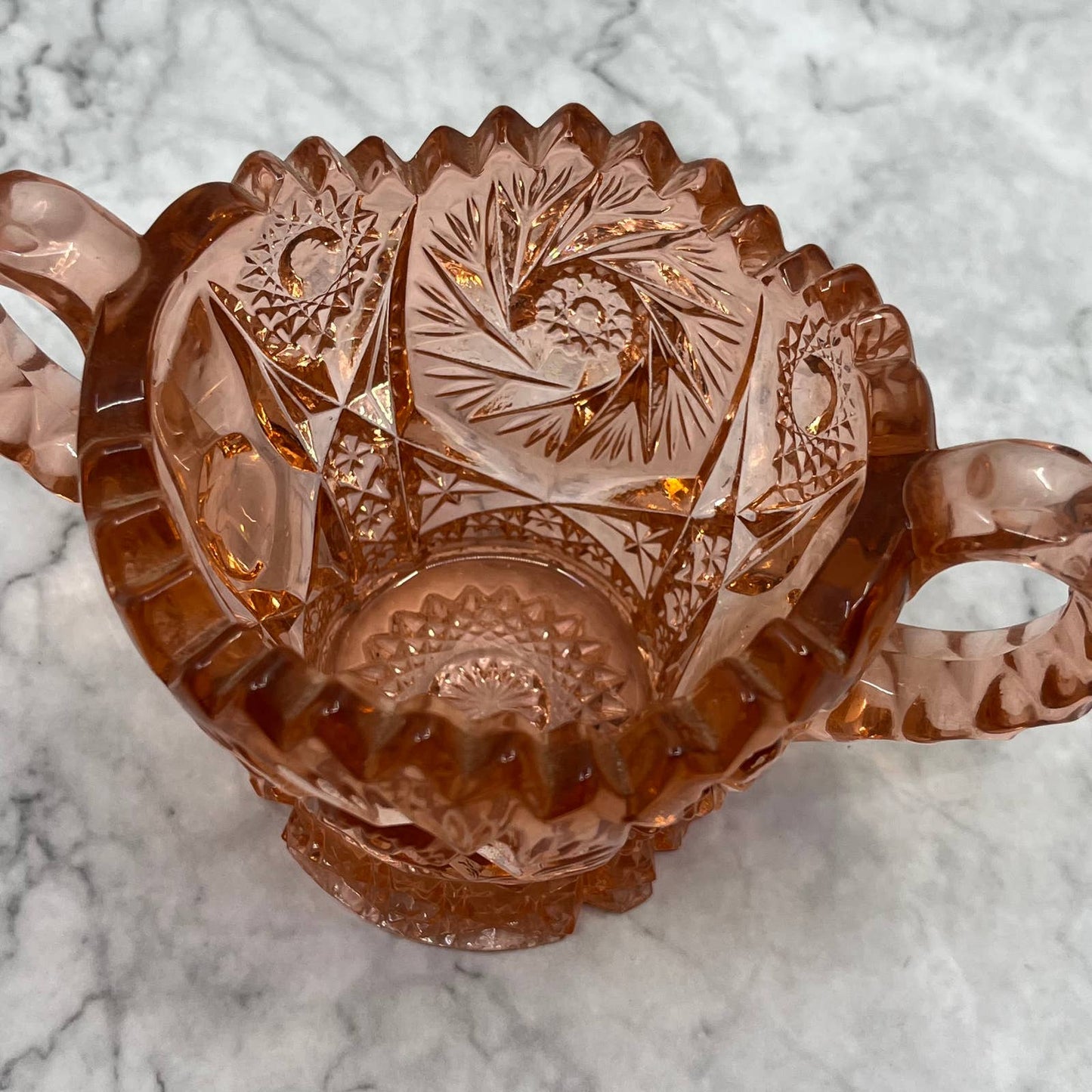 EAPG Imperial Pink Glass "Whirling Star" Sugar And Creamer, Saw Tooth TI6