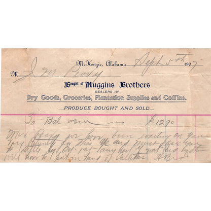 1907 Letterhead Billhead Huggins Brothers Dry Goods McKenzie AL AD6-1